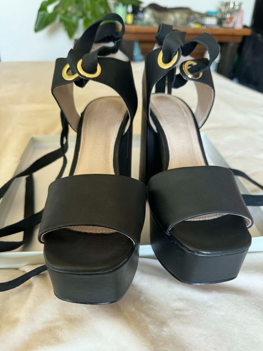 Shellys London Dara Black Leather Lace-Up Platform Heels – Size 9